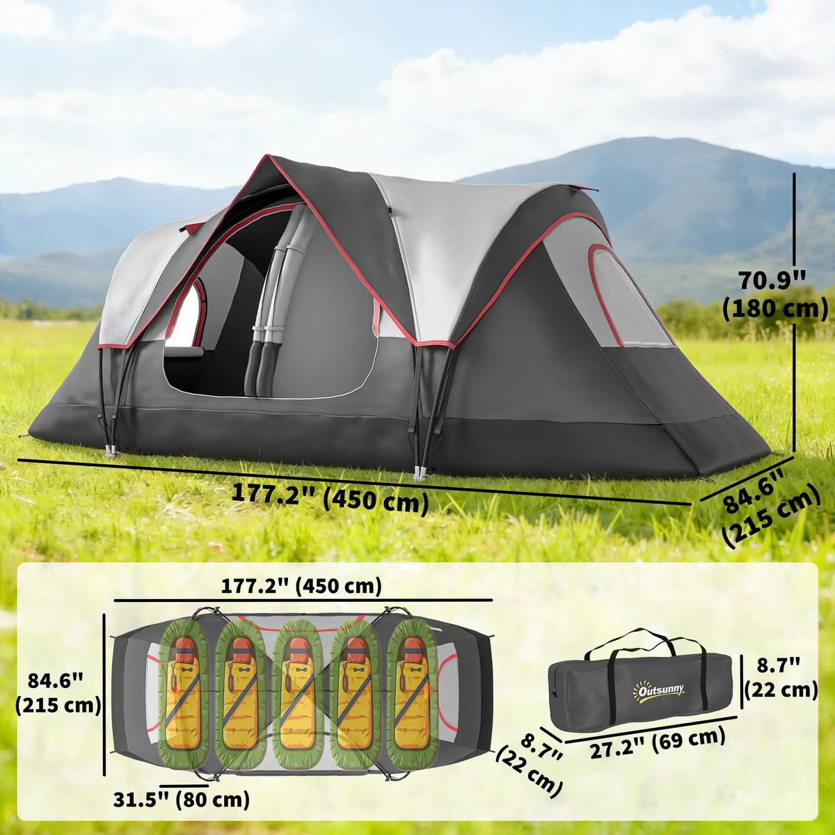 Tente de camping pour 6 personnes avec double-toit imperméable 2000 mm et sac de transport, idéale pour la pêche, la randonnée et les festivals, gris foncé.
