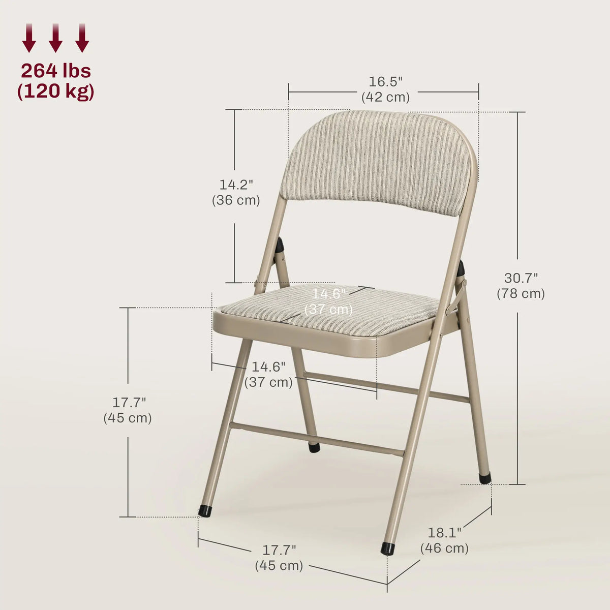 Ensemble de 4 chaises pliantes en métal, rembourrées en lin avec assise et dossier ajouré, pour l'intérieur, beige