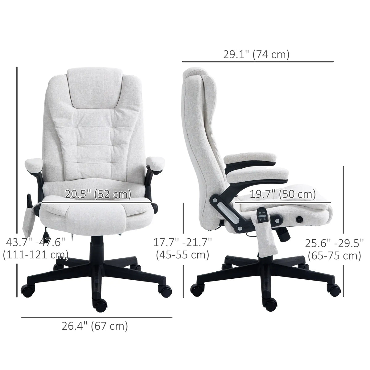 Fauteuil de bureau massant inclinable, fauteuil de direction avec dossier haut et roulettes pivotantes, blanc