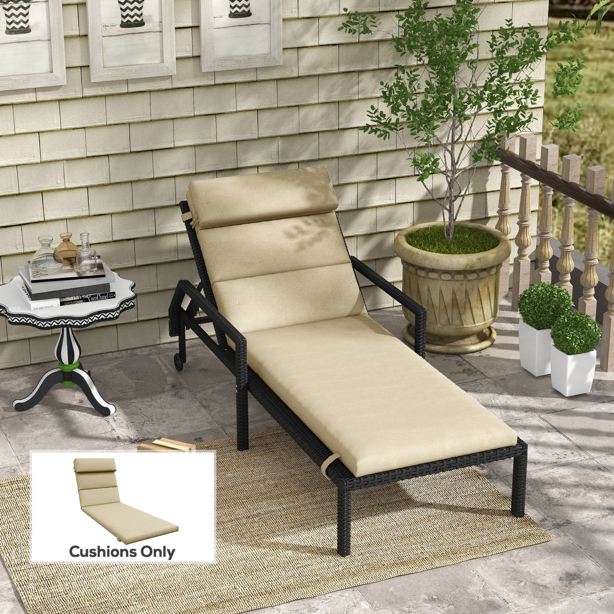 Coussins de rechange pour chaise longue de jardin avec appui-tête et attaches, beige
