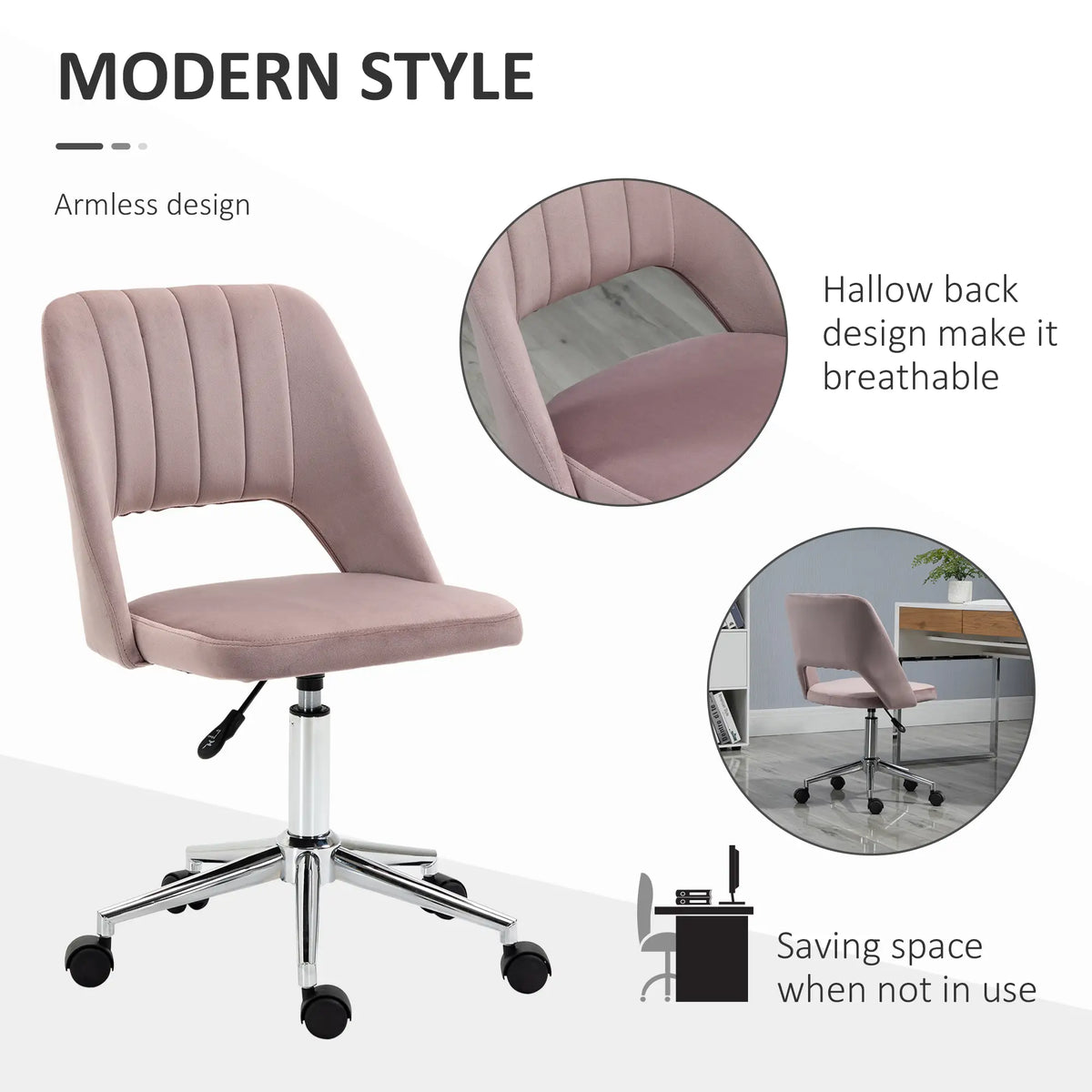 Chaise de bureau à dossier mi-haut, pivotante, en velours rose, avec assise festonnée. Revêtement en velours.