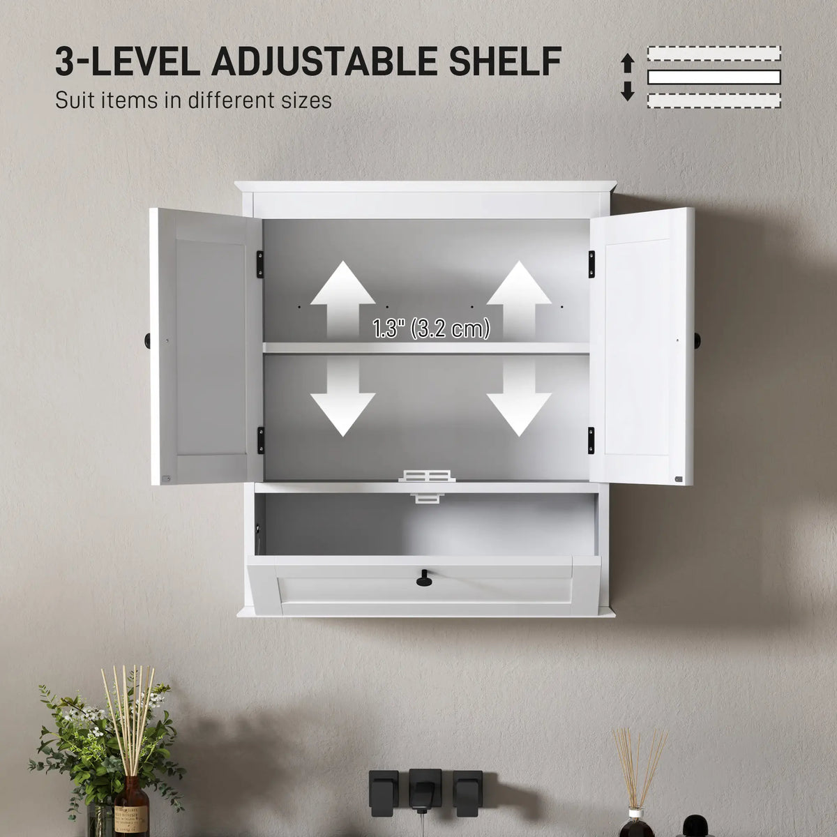 Armoire à pharmacie avec étagère réglable, armoire murale de salle de bain avec panneaux encastrés, blanche