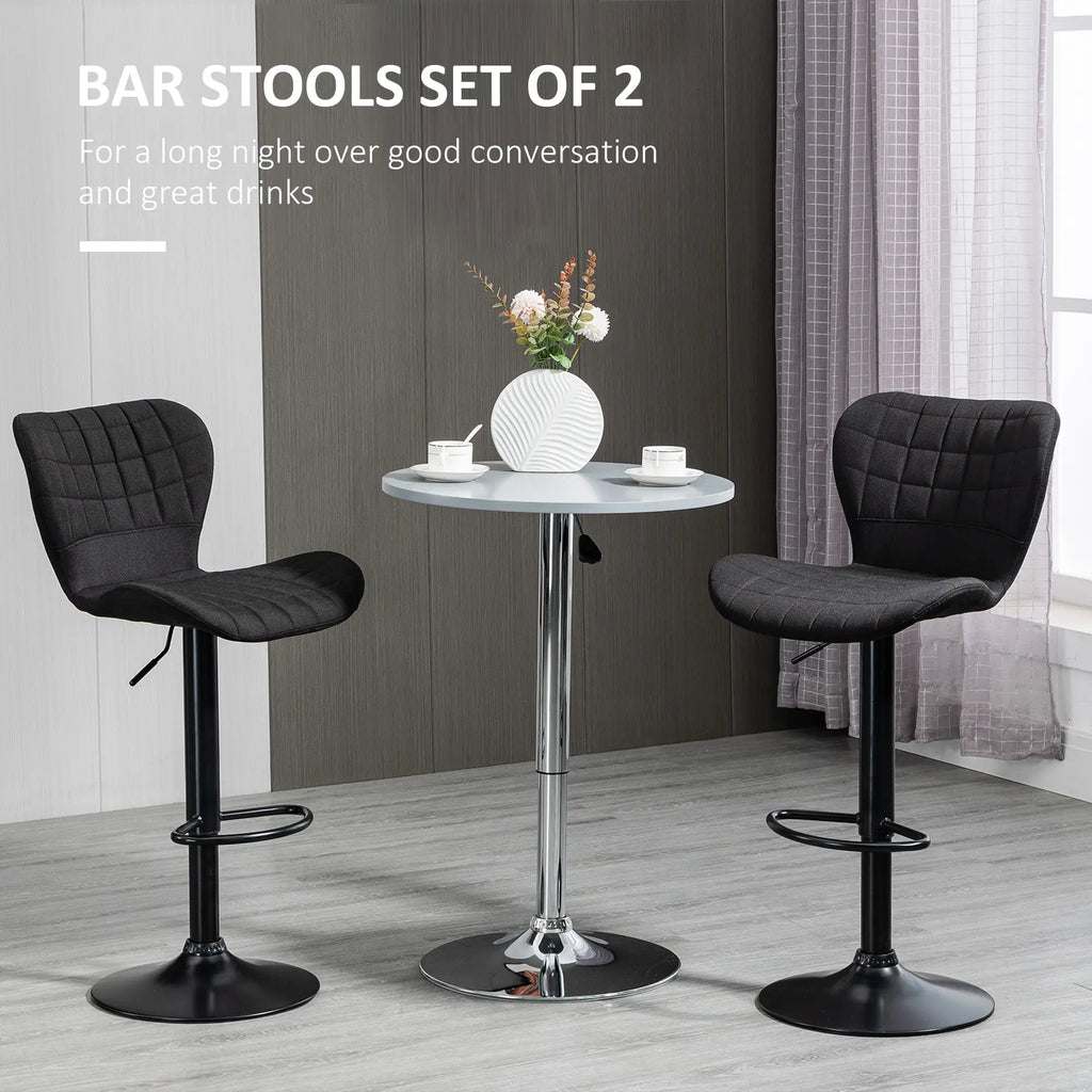Ensemble de 2 tabourets de bar, chaises de bar pivotantes à hauteur réglable, tabourets de comptoir de cuisine revêtus de tissu aspect lin avec assise large, dossier et repose-pieds, noir