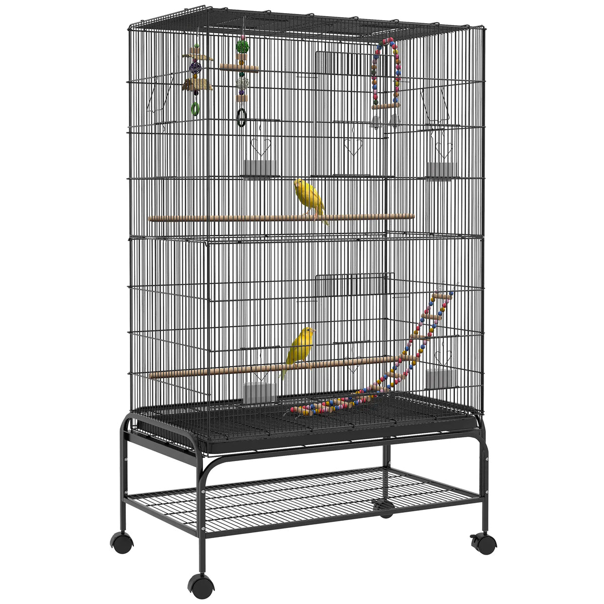 Cage à oiseaux 63" avec dessus ouvert pour perruches ondulées, calopsittes, inséparables et pinsons, support, jouets, plateau amovible et étagère de rangement