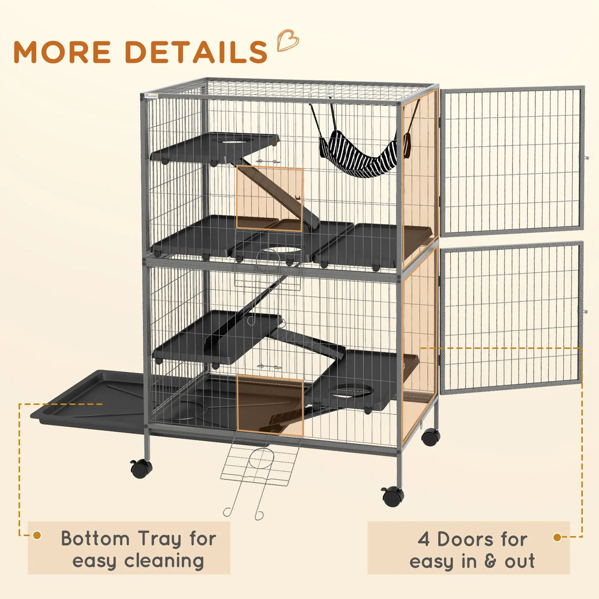 Cage à roulettes à 5 niveaux pour petits animaux, cage de luxe pour cochons d'Inde, furets, visons, chinchillas, chatons et lapins (gris)