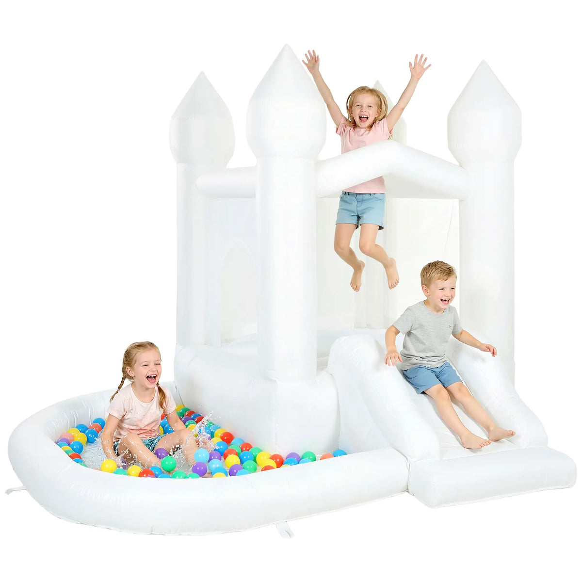Château gonflable pour enfants, structure gonflable 3 en 1 blanche avec toboggan, piscine à balles et souffleur 370 W, blanc