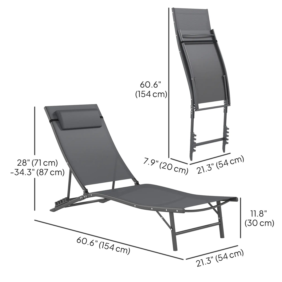Ensemble de 2 chaises longues pliantes d'extérieur avec dossier et appui-tête réglables, assise en maille, pour la plage et la piscine, gris