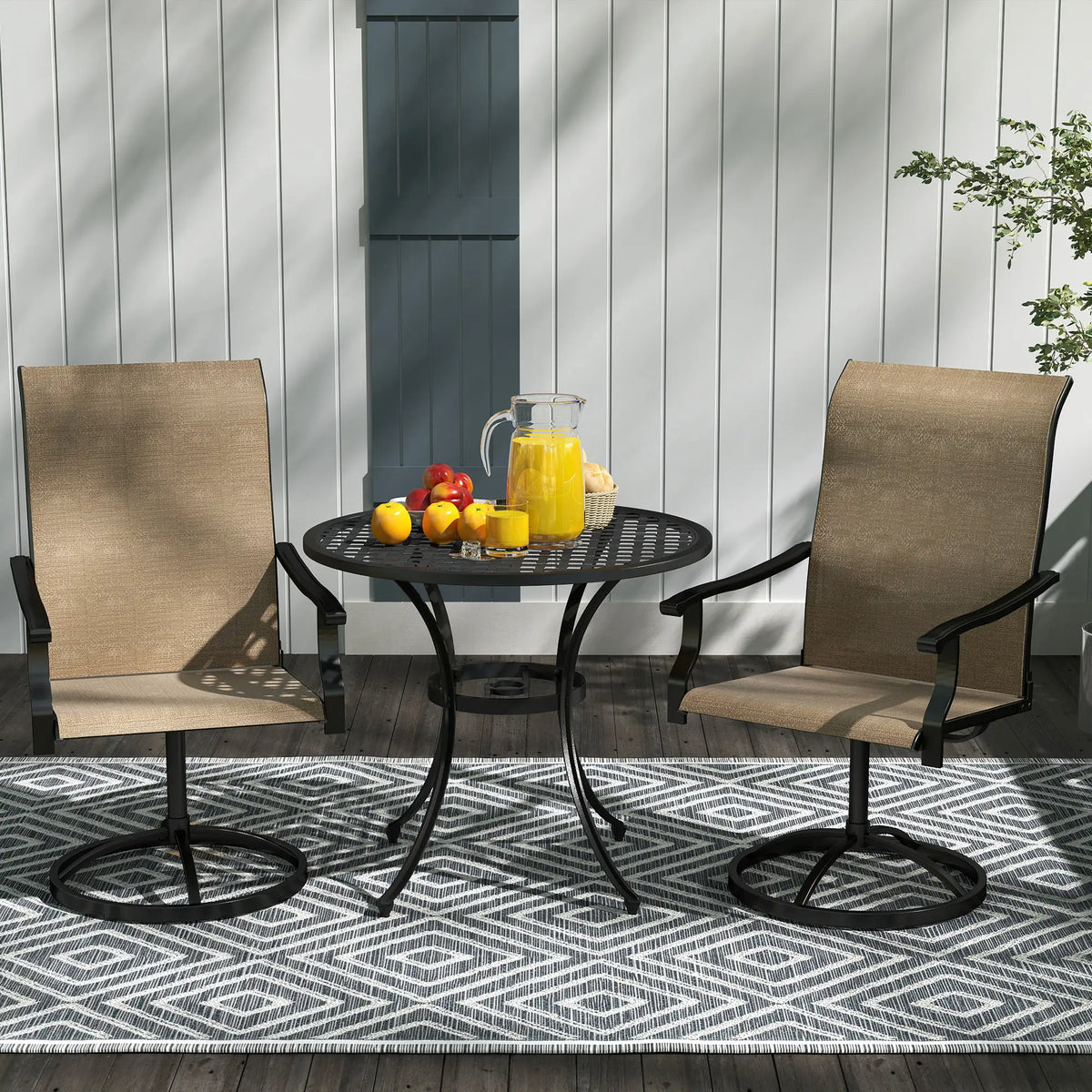 Ensemble de 2 chaises de salle à manger pivotantes d'extérieur, dossier haut et assise en maille résistante aux intempéries, pour terrasse, jardin ou piscine, marron