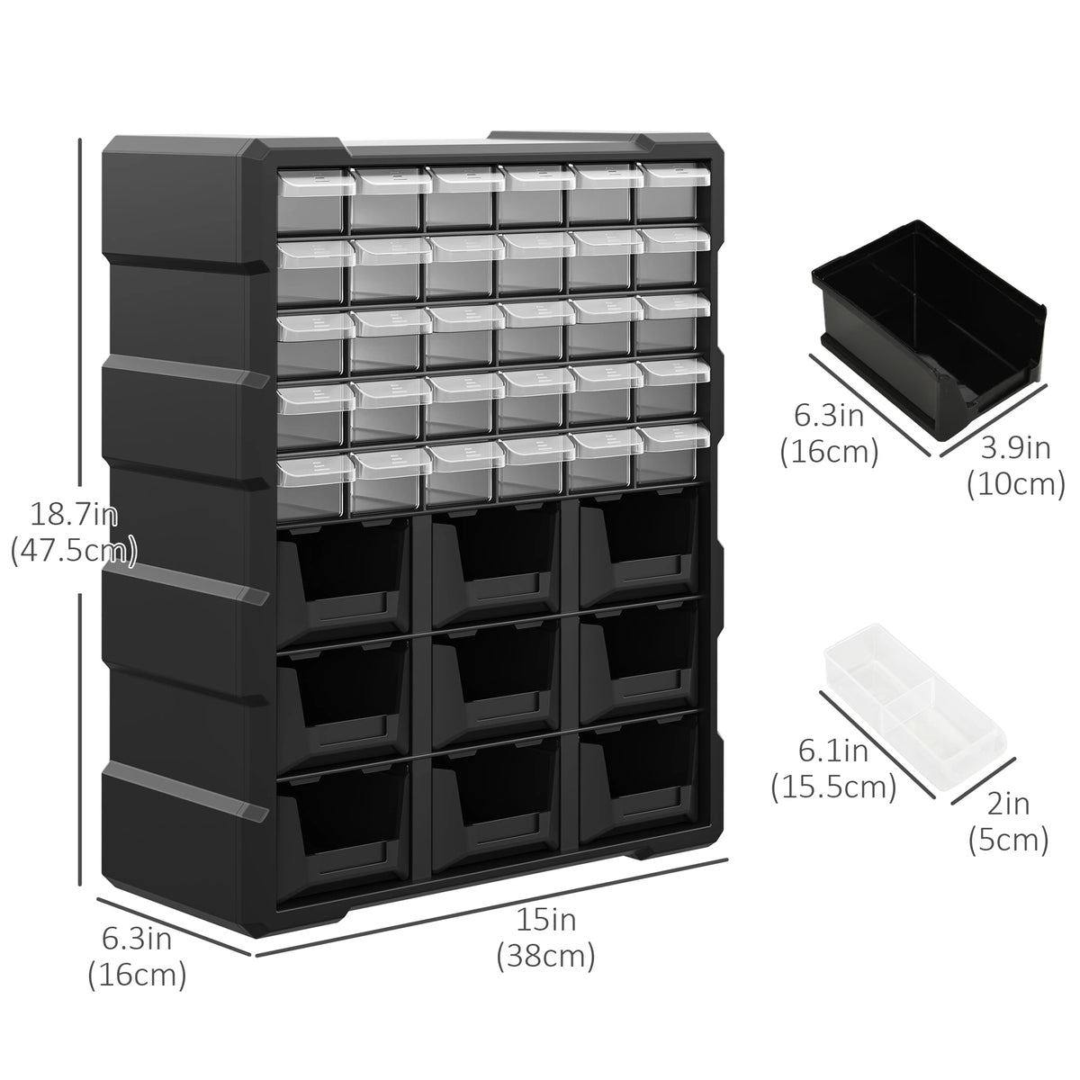 Armoire de rangement murale en plastique noir à 39 tiroirs pour petites vis, boulons et outils