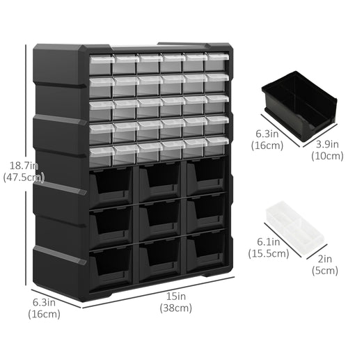 Armoire de rangement murale en plastique noir à 39 tiroirs pour petites vis, boulons et outils