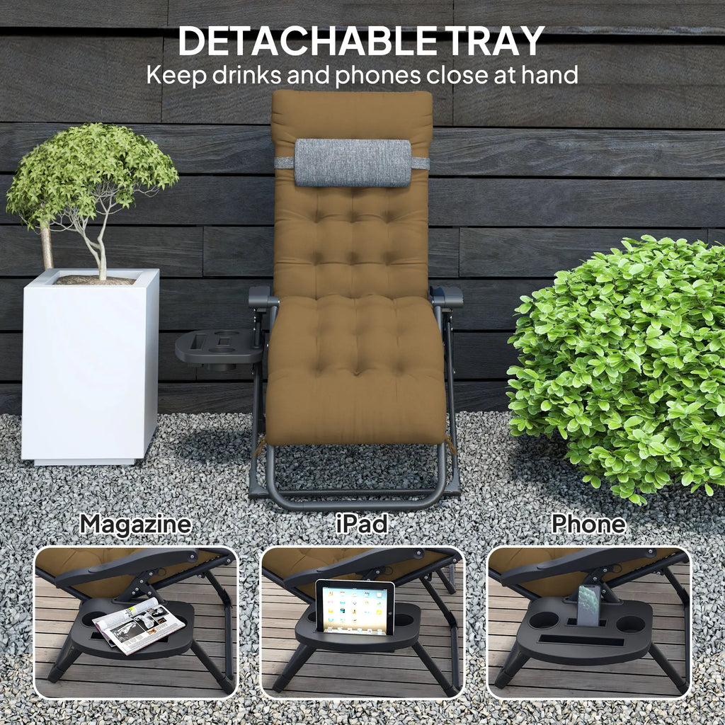 Fauteuil inclinable pliant rembourré, chaise longue de patio avec porte-gobelet, dossier réglable, coussin amovible, kaki clair