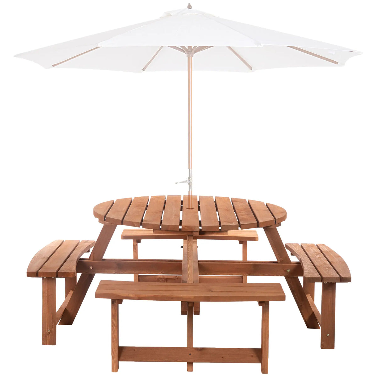 Ensemble repas de patio  : table de pique-nique et banc rond en bois 8 places (parasol non inclus).