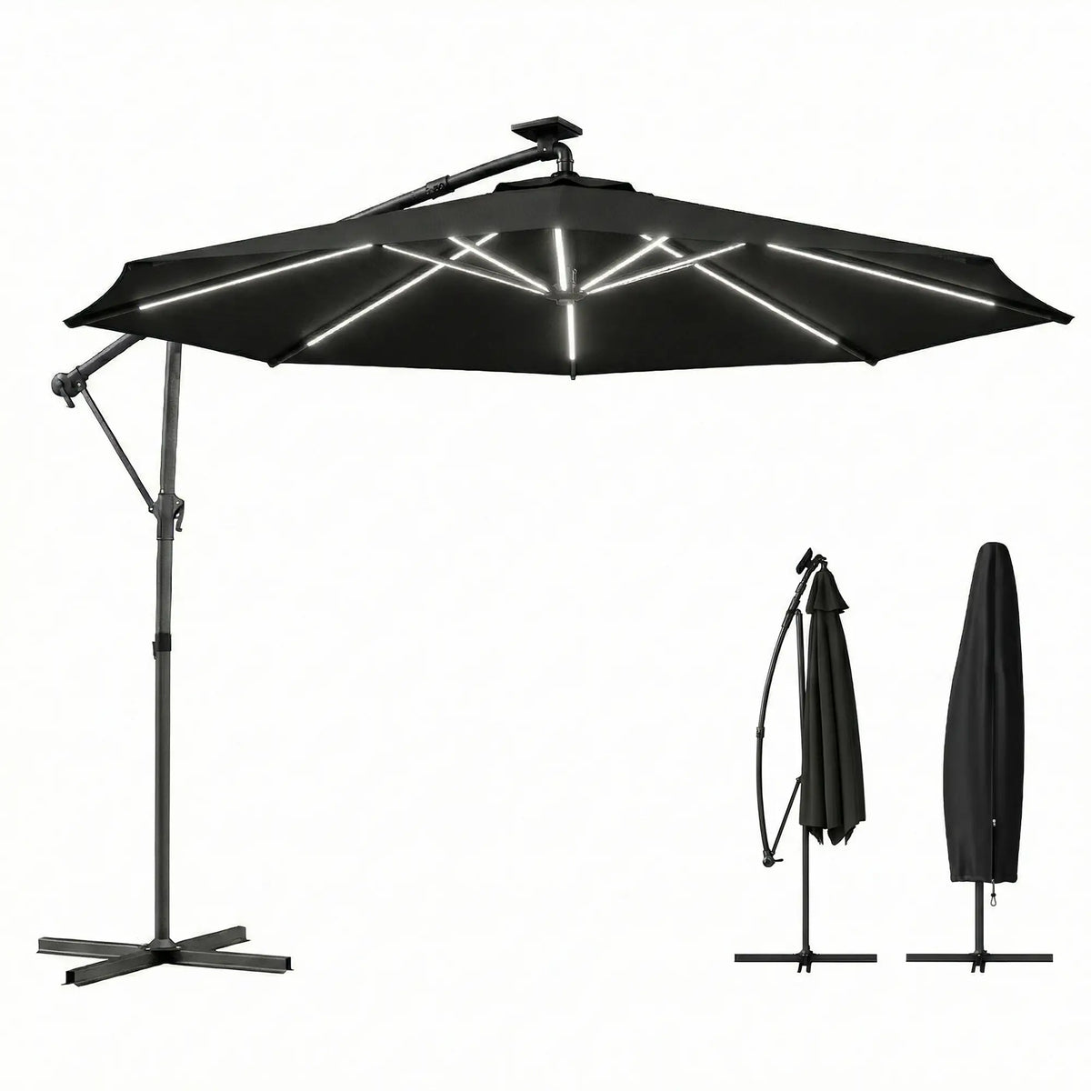 Parasol déporté de 3 m avec éclairage solaire, parasol suspendu de jardin avec rotation à 360°, inclinaison et housse de protection, noir
