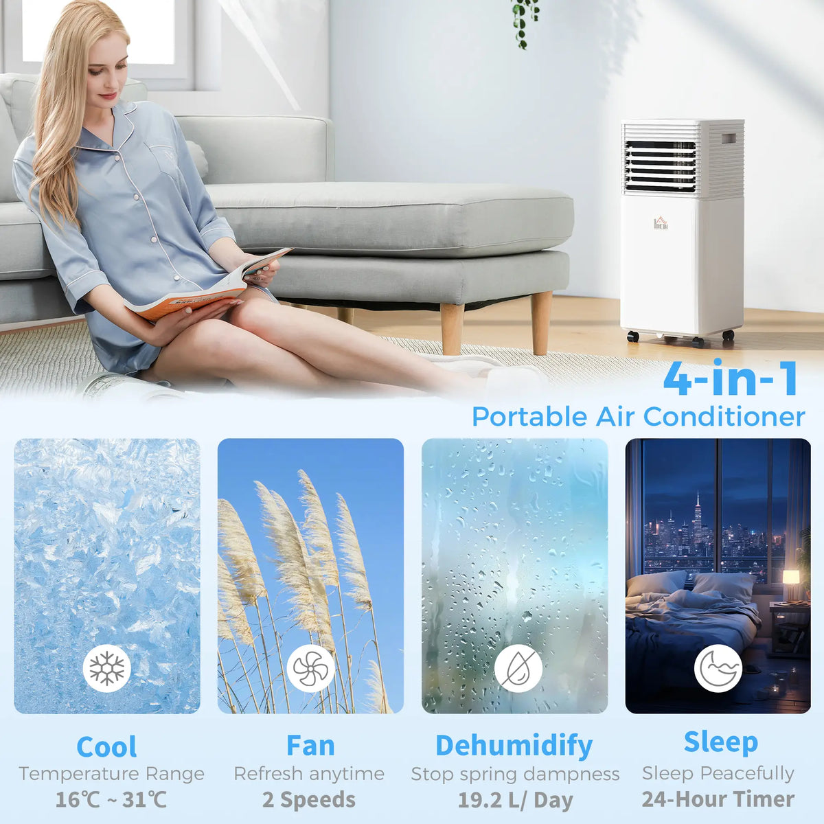 Climatiseur portable 10 000 BTU avec mode ventilateur et déshumidificateur, silencieux, avec télécommande et minuterie 24 h, blanc.