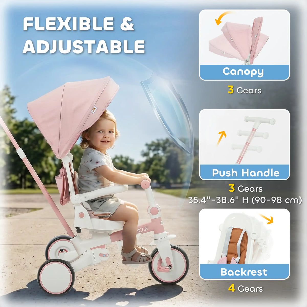 Tricycle 7 en 1 pour tout-petits avec harnais de sécurité, poignée parentale réglable et amovible, capote, sac de rangement et frein, rose