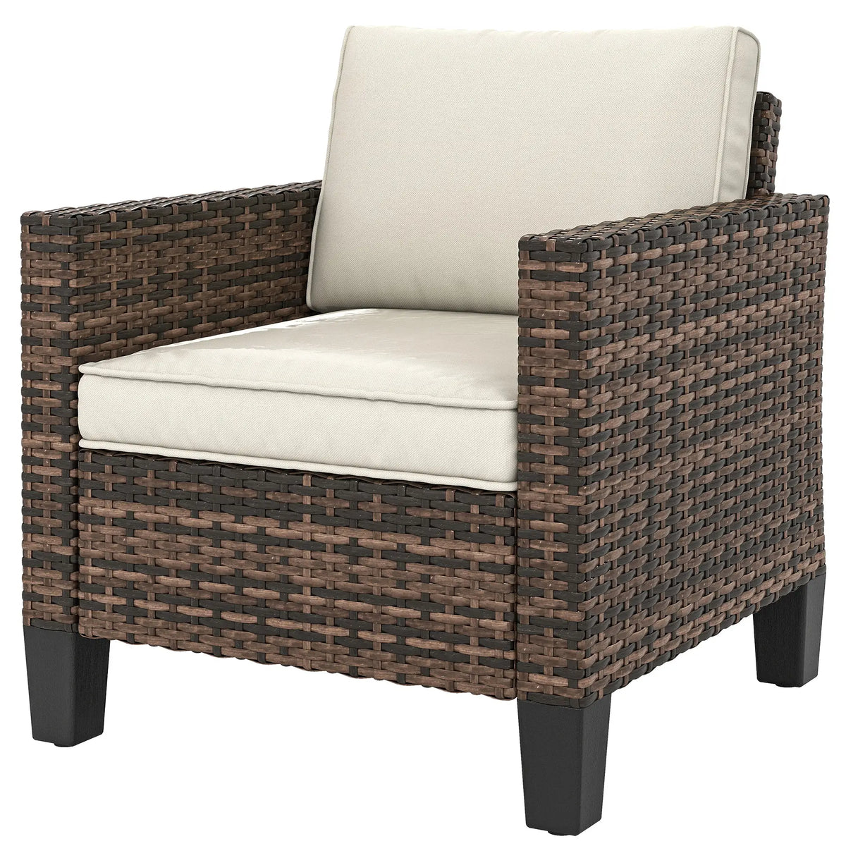 Fauteuil de jardin en résine tressée, avec accoudoirs et coussins, pour balcon, véranda ou terrasse, couleur blanc crème.