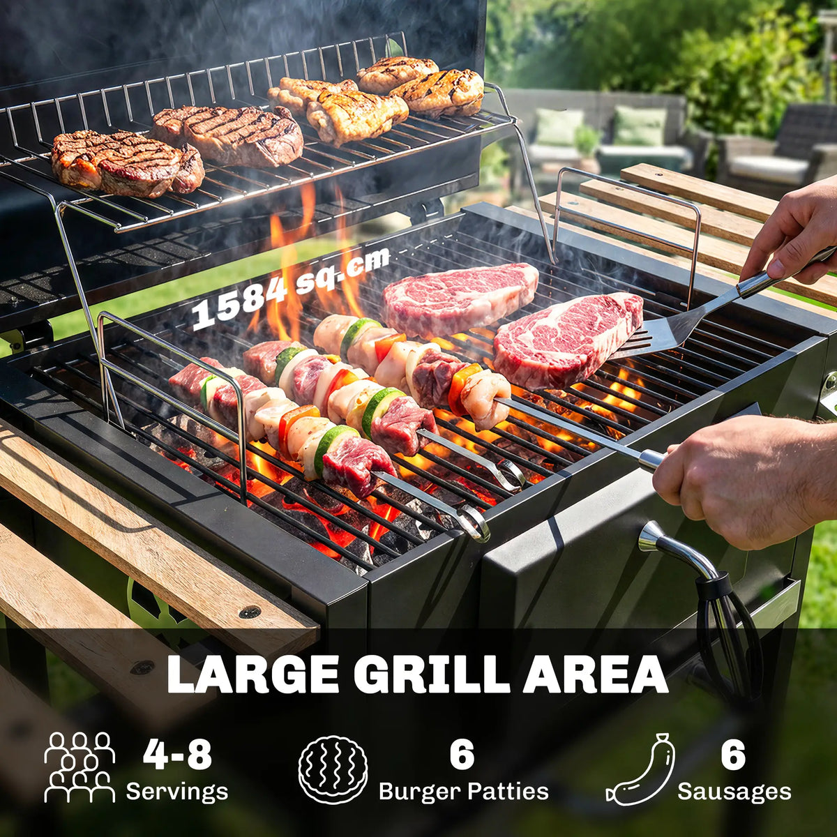 Barbecue à charbon 20" sur roulettes avec bac à charbon réglable, grande surface de cuisson, 3 étagères et thermomètre.