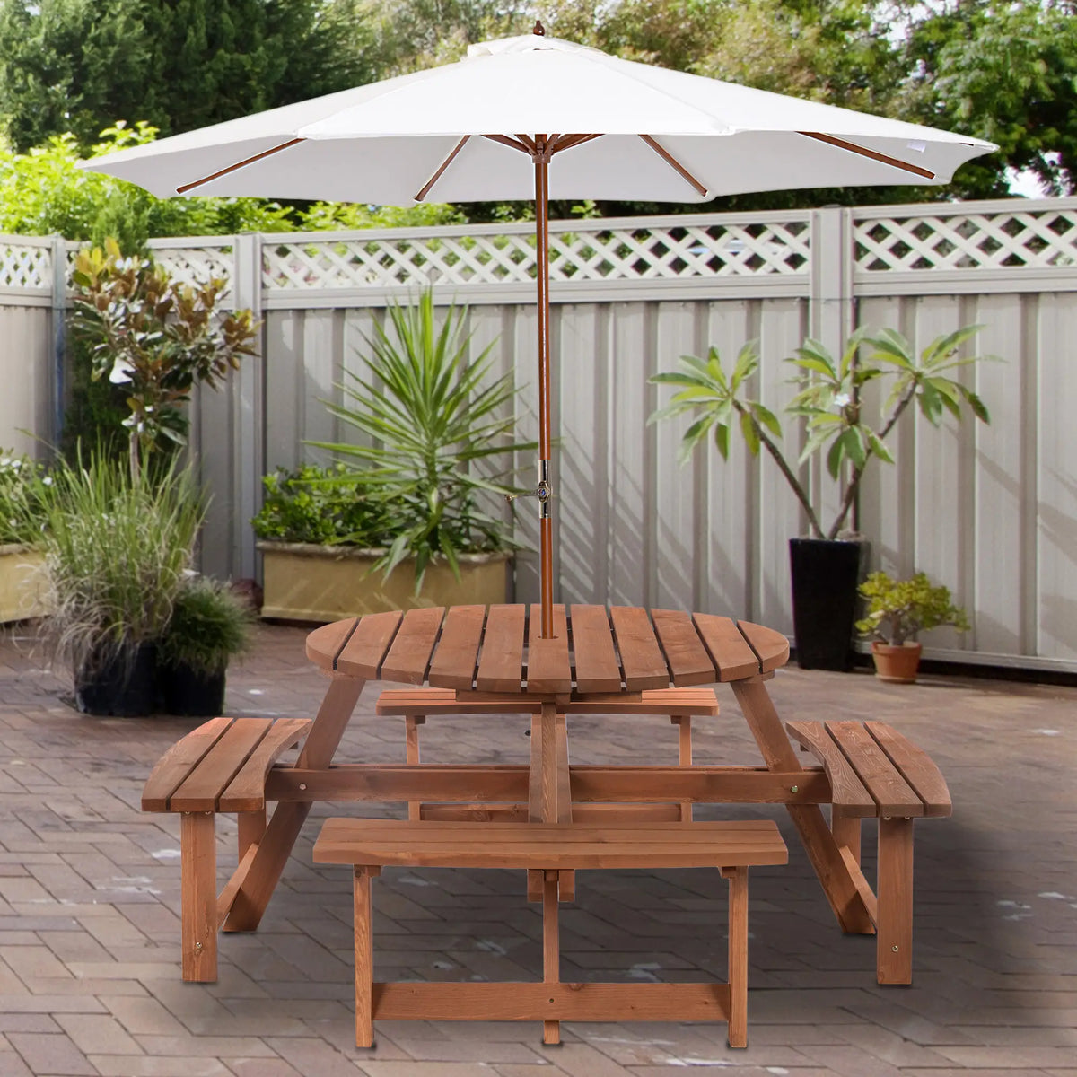 Ensemble repas de patio  : table de pique-nique et banc rond en bois 8 places (parasol non inclus).