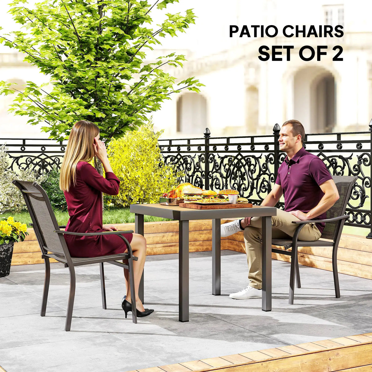Ensemble de 2 chaises de patio avec accoudoirs et dossier haut, pour jardin, balcon, véranda, bord de piscine, terrasse, marron