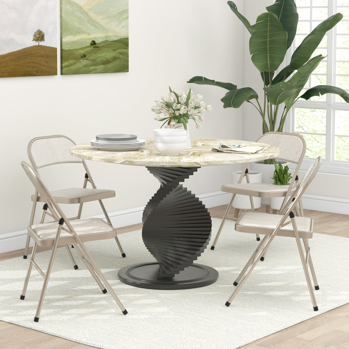 Ensemble de 4 chaises pliantes en métal, rembourrées en lin avec assise et dossier ajouré, pour l'intérieur, beige