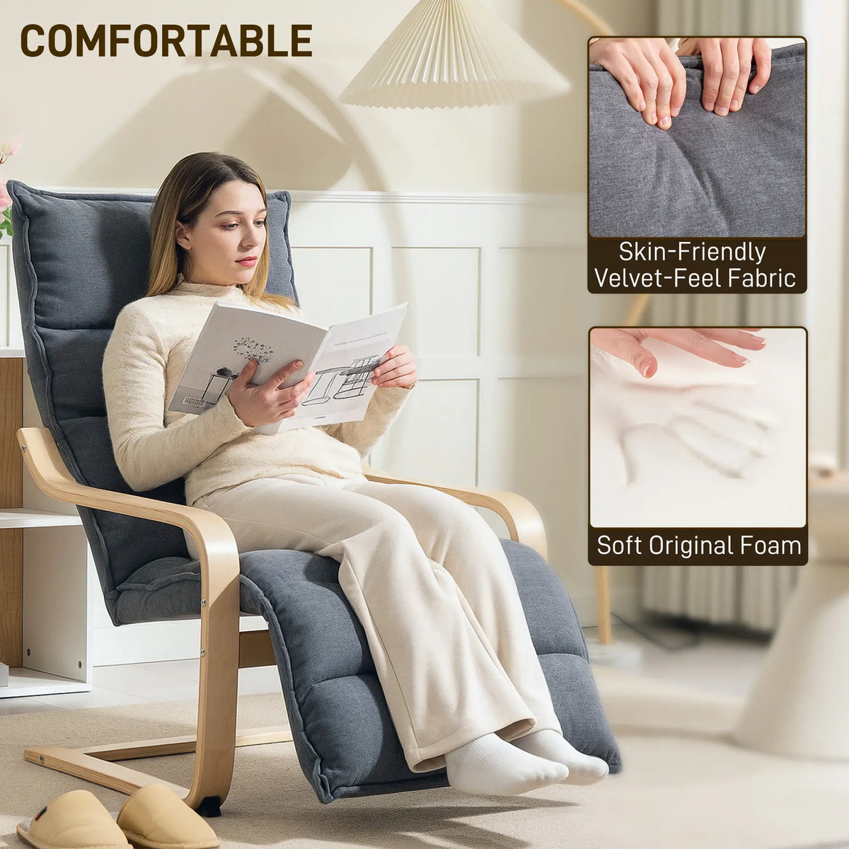 Fauteuil d'appoint, fauteuil de salon recouvert de velours avec repose-pieds, structure en bois, gris foncé