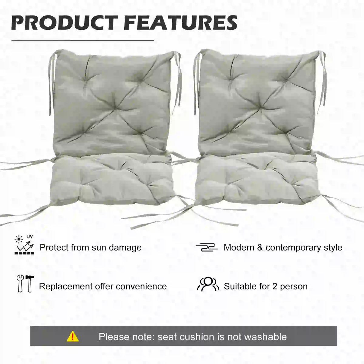 Ensemble de 2 coussins de chaise de jardin avec dossier pour transats, chaises berçantes, chaises longues, usage intérieur et extérieur