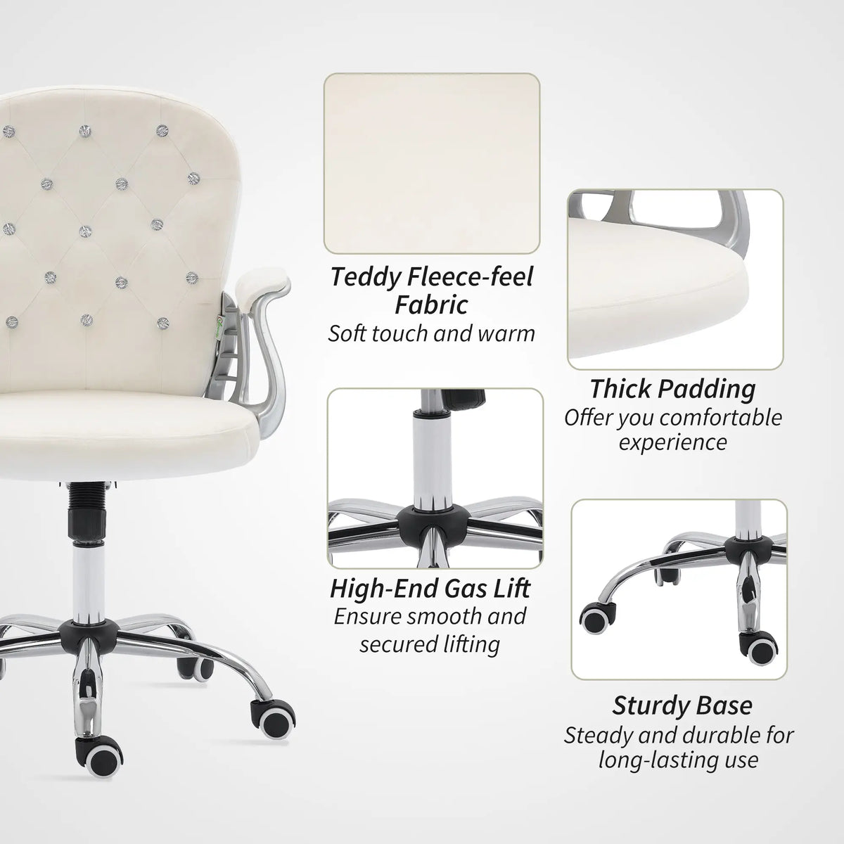 Chaise de bureau avec hauteur réglable et dossier capitonné, blanc crème