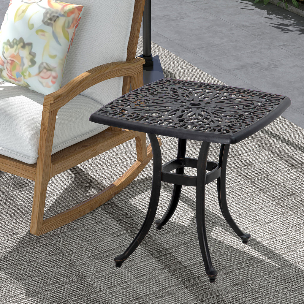 Table d'appoint carrée d'extérieur 53 cm (21 po), table de patio en aluminium moulé avec trou pour parasol, idéale pour le jardin, le balcon ou la piscine, couleur bronze.