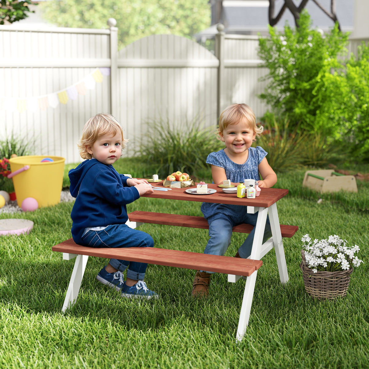 Ensemble de table et bancs de pique-nique en bois pour 4 enfants de 3 à 8 ans, Kids Outdoor Table, montage facile, bois naturel