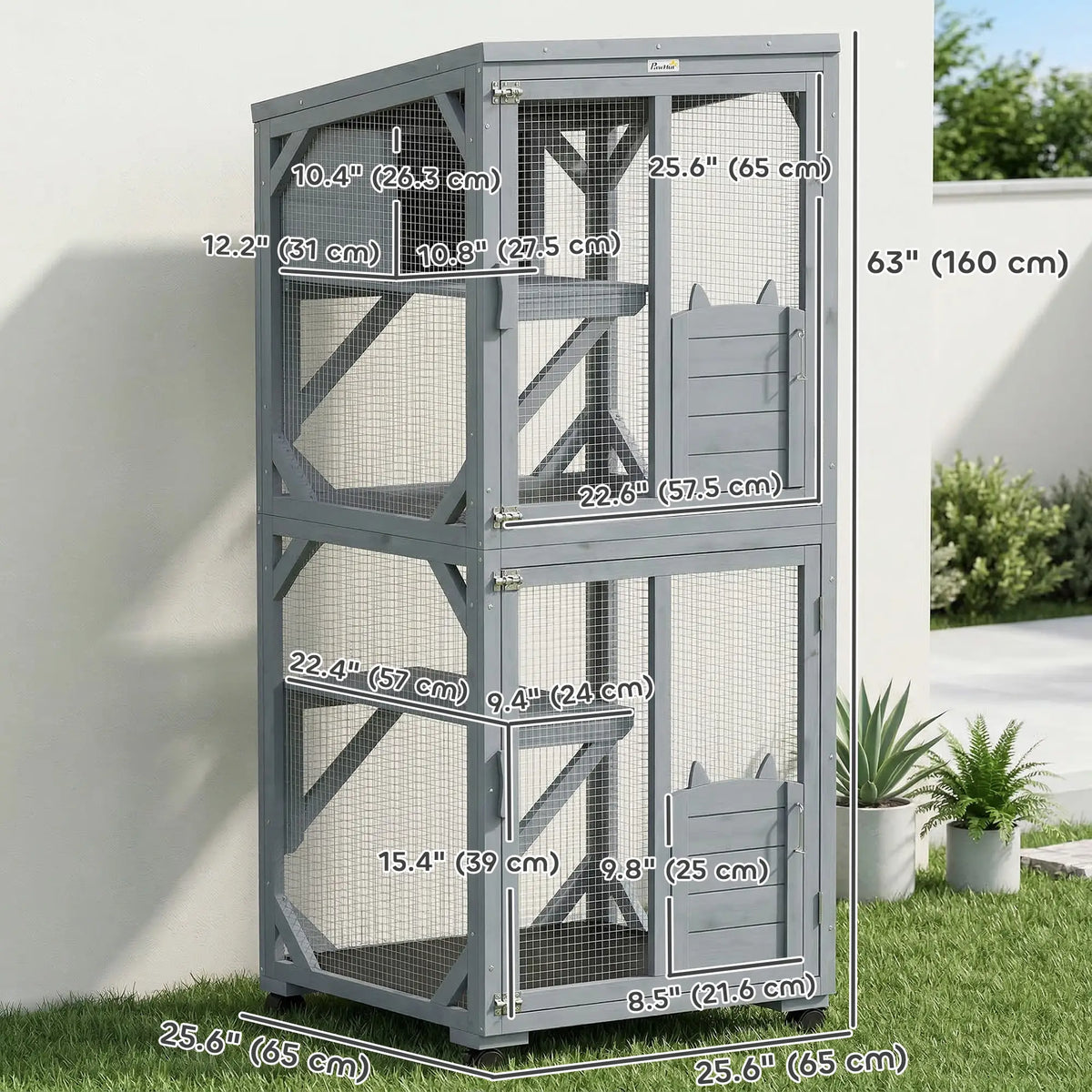 Enclos extérieur mobile pour chats avec niche de repos, 3 plateformes de saut et toit en asphalte étanche pour une utilisation intérieure et extérieure.