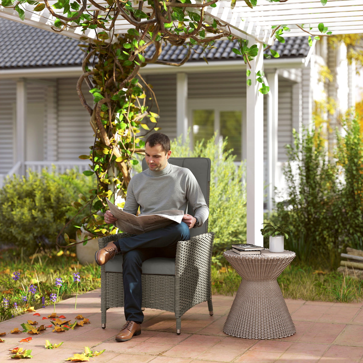 Fauteuil inclinable d'extérieur en osier, fauteuil de patio inclinable en osier avec dossier et coussin réglables, gris