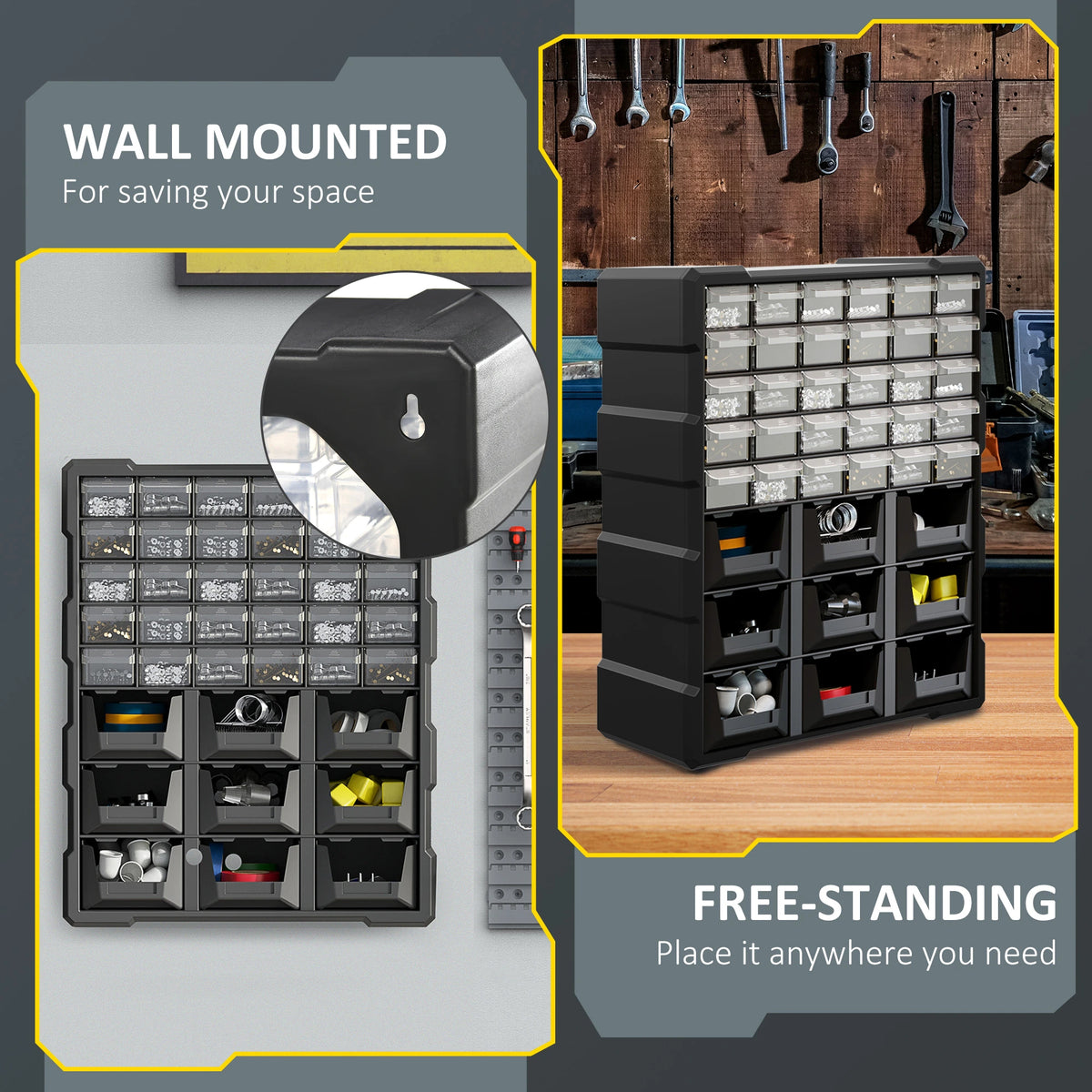 Armoire de rangement murale en plastique noir à 39 tiroirs pour petites vis, boulons et outils