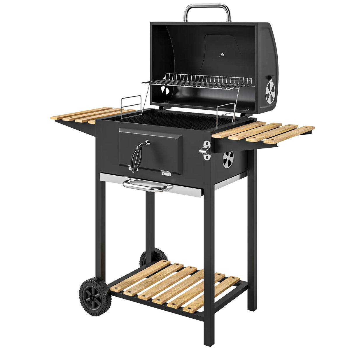 Barbecue à charbon 20" sur roulettes avec bac à charbon réglable, grande surface de cuisson, 3 étagères et thermomètre.