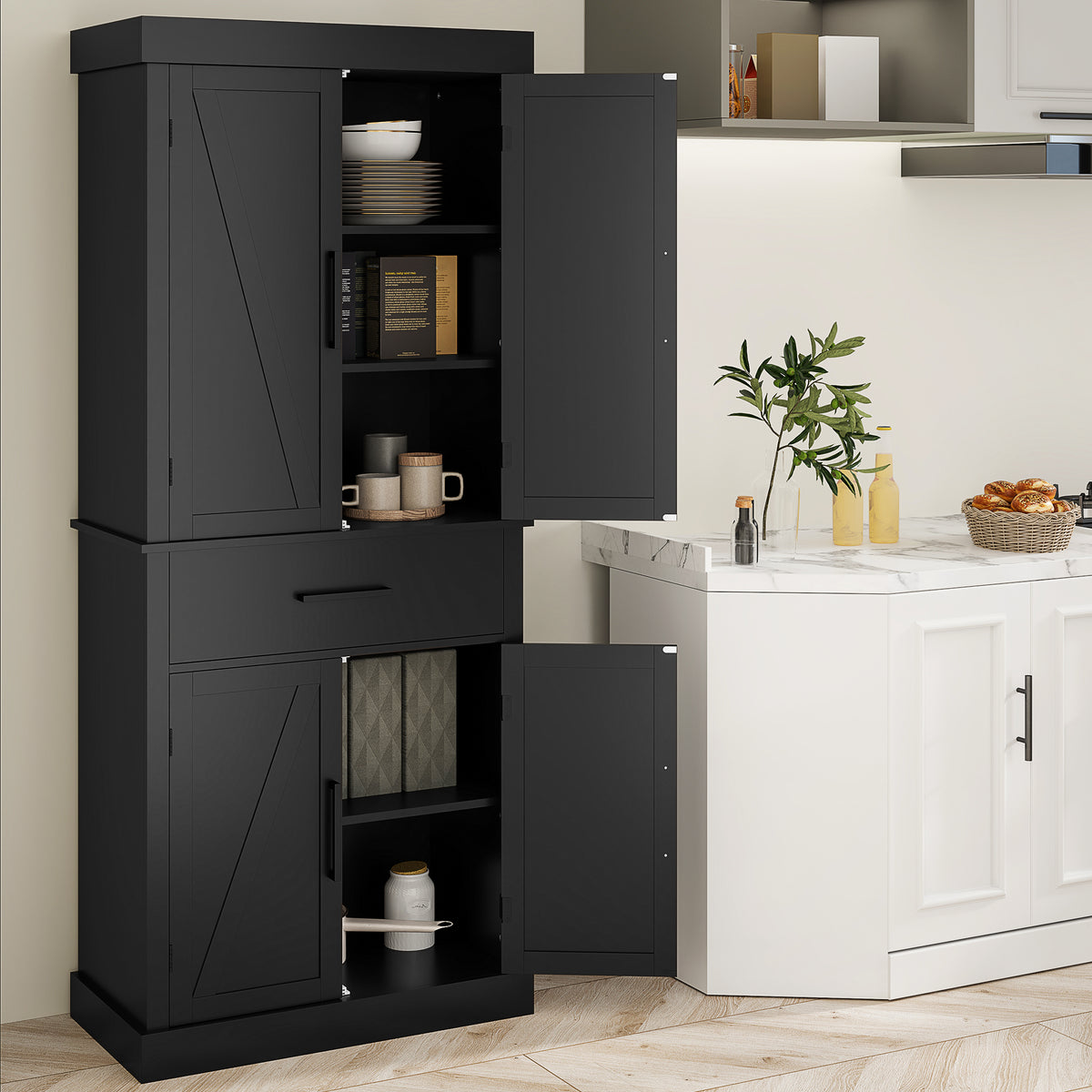 Armoire de rangement de cuisine 72 po, style ferme, avec 4 portes coulissantes, tiroir et étagères réglables, noire.