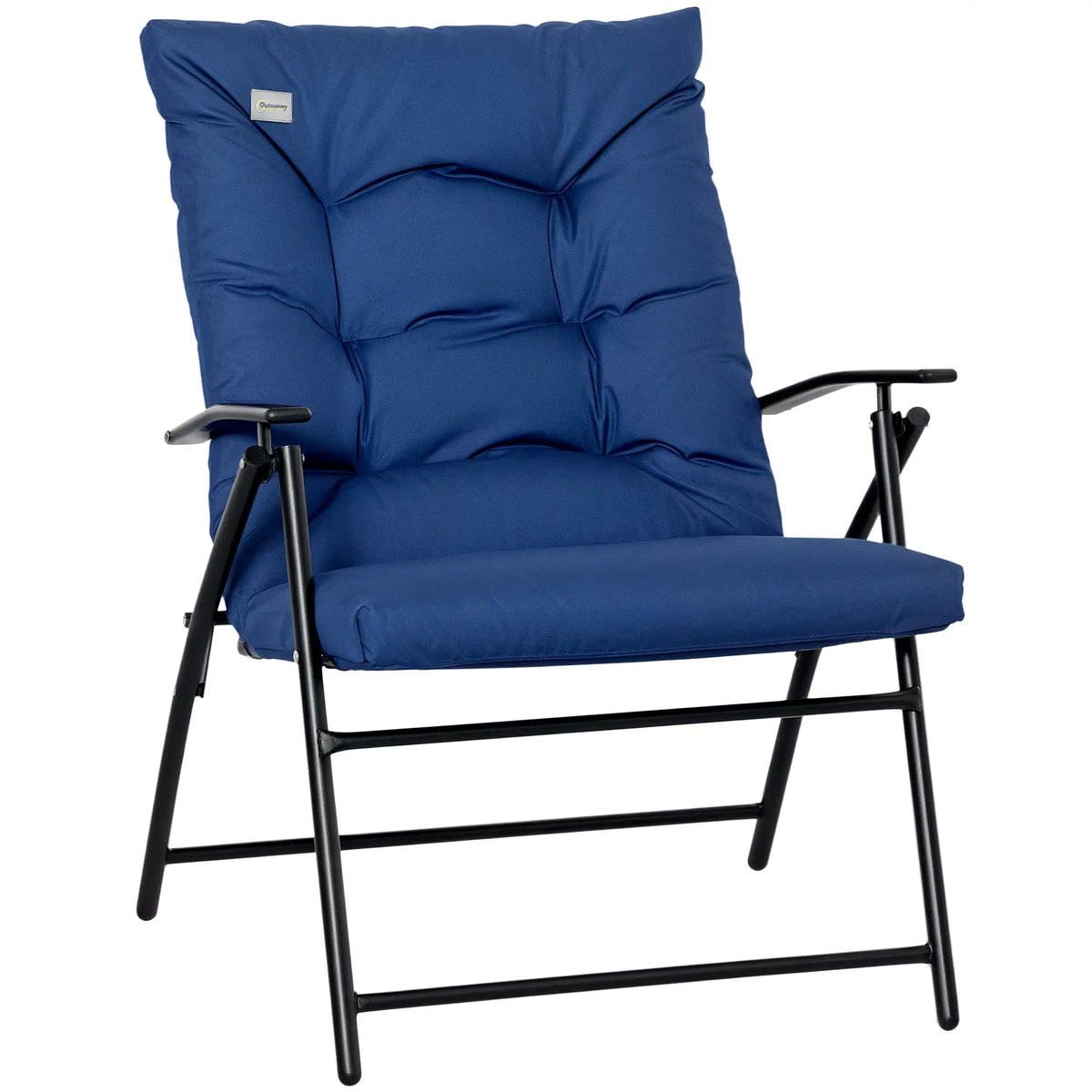 Fauteuil de jardin pliable, inclinable et revêtu de tissu, avec accoudoirs et structure en métal, bleu.