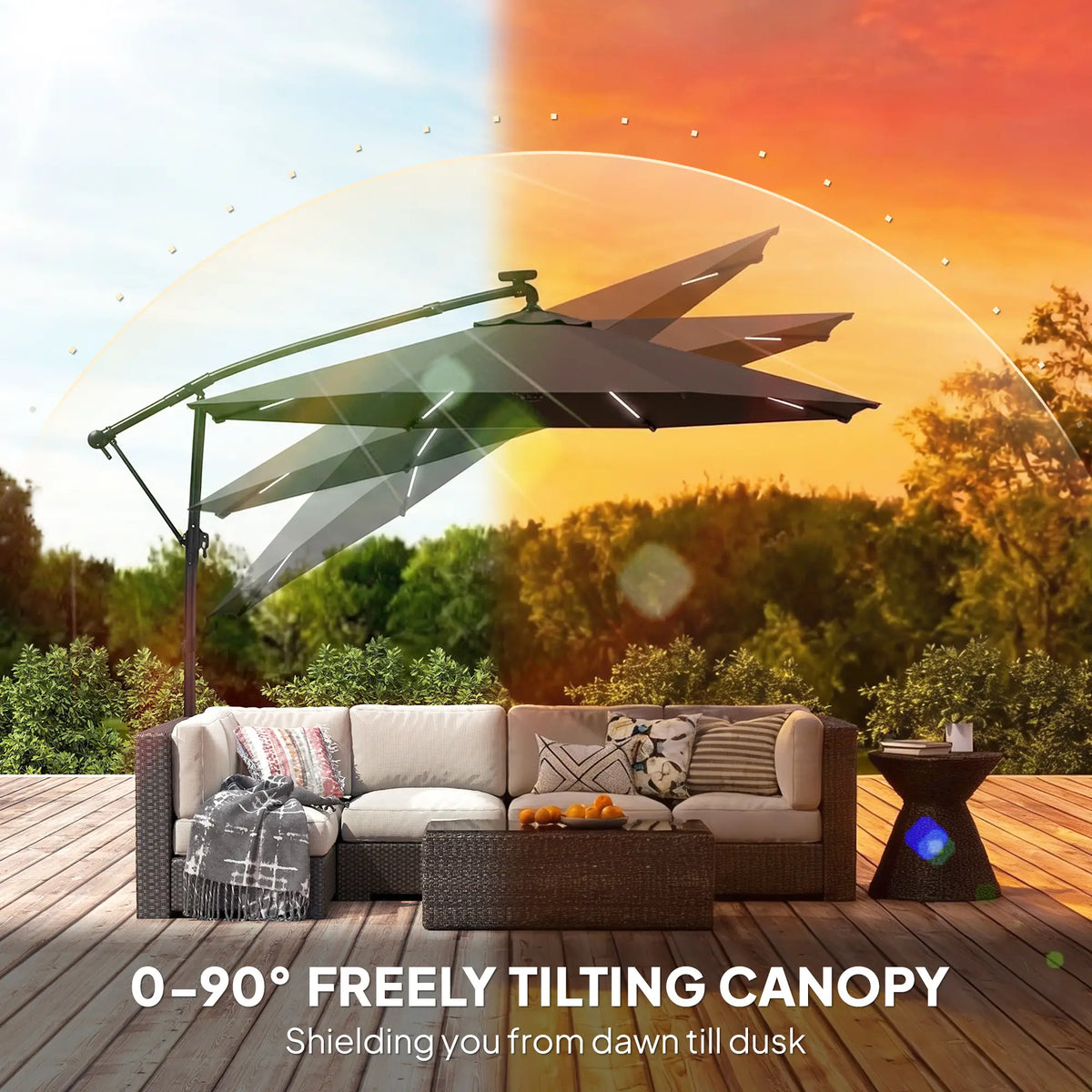 Parasol déporté de 3 m avec éclairage solaire, parasol suspendu de jardin avec rotation à 360°, inclinaison et housse de protection, noir