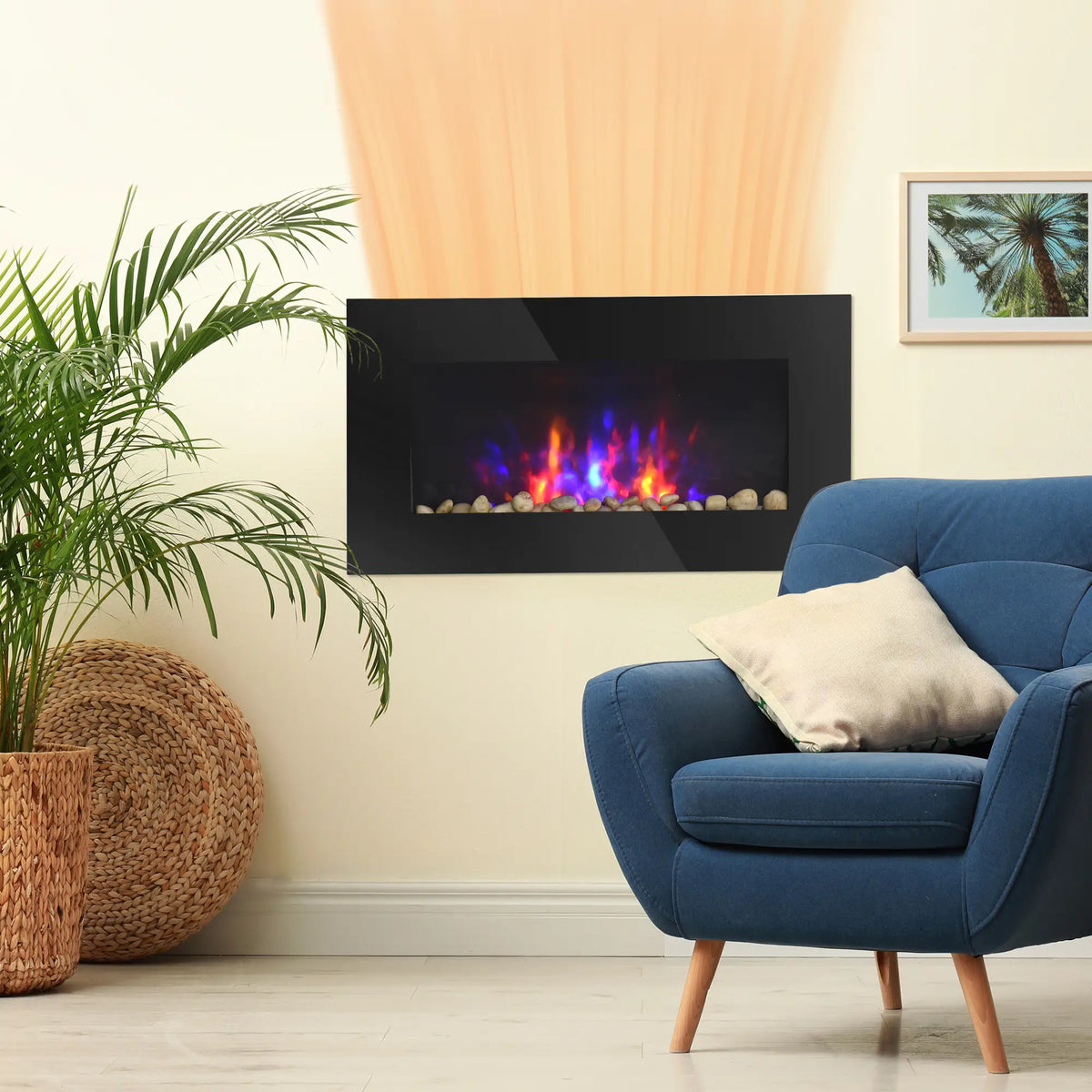 Cheminée murale, cheminée électrique moderne de 72,4 cm (28,5 pouces) avec effet de flamme LED breveté et 9 couleurs, noire