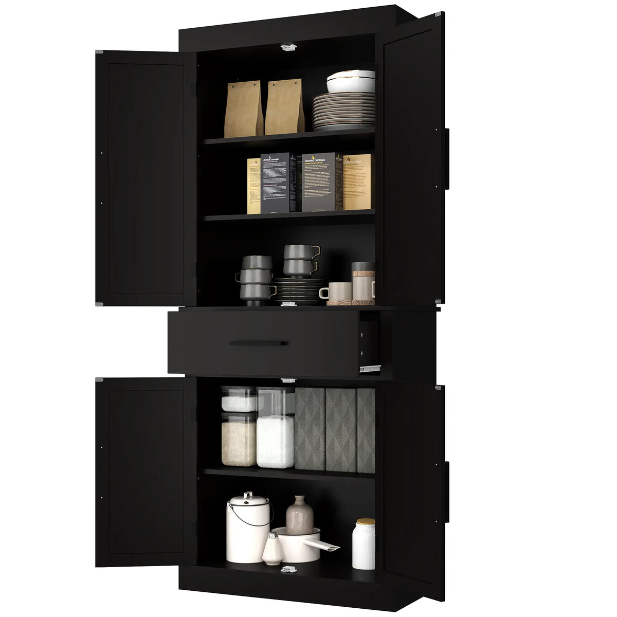 Armoire de rangement de cuisine 72 po, style ferme, avec 4 portes coulissantes, tiroir et étagères réglables, noire.