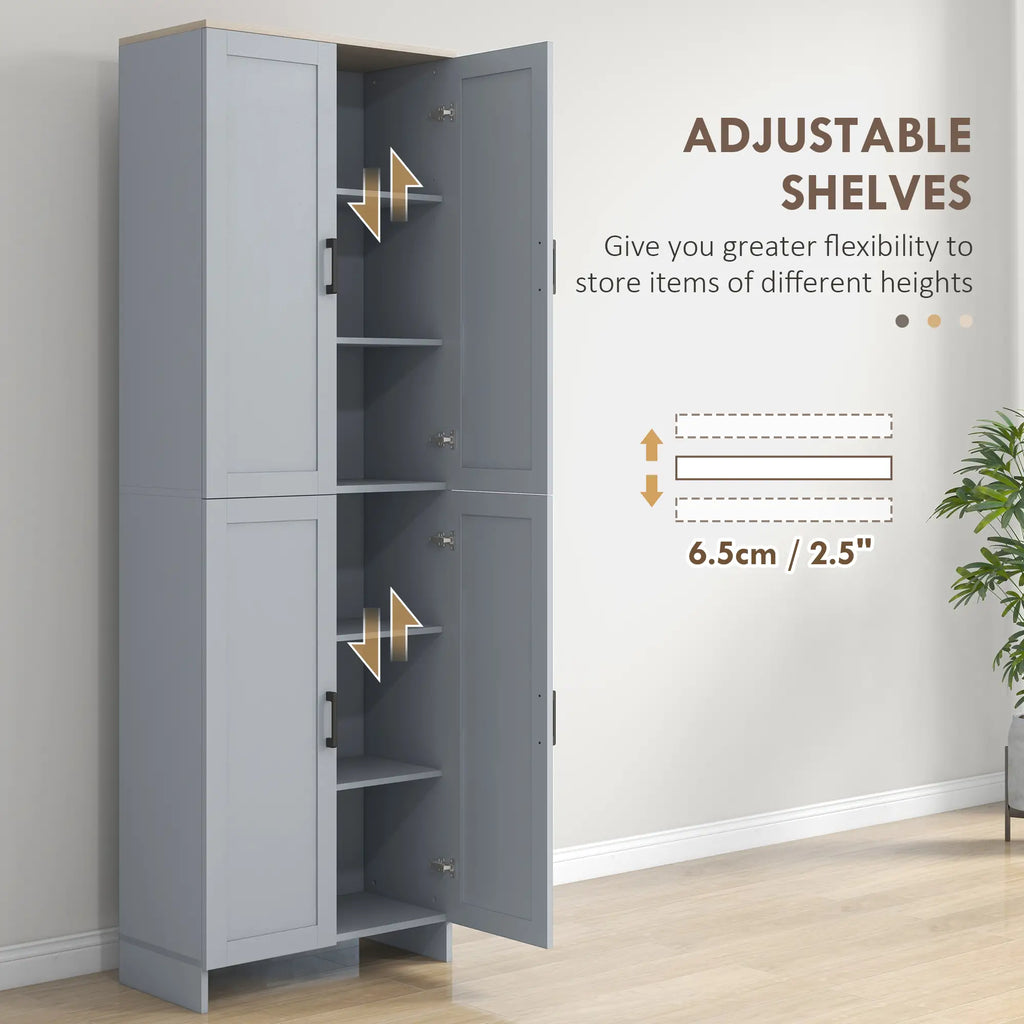 Armoire de cuisine 67" à 4 portes, meuble de rangement autoportant avec étagères réglables, gris