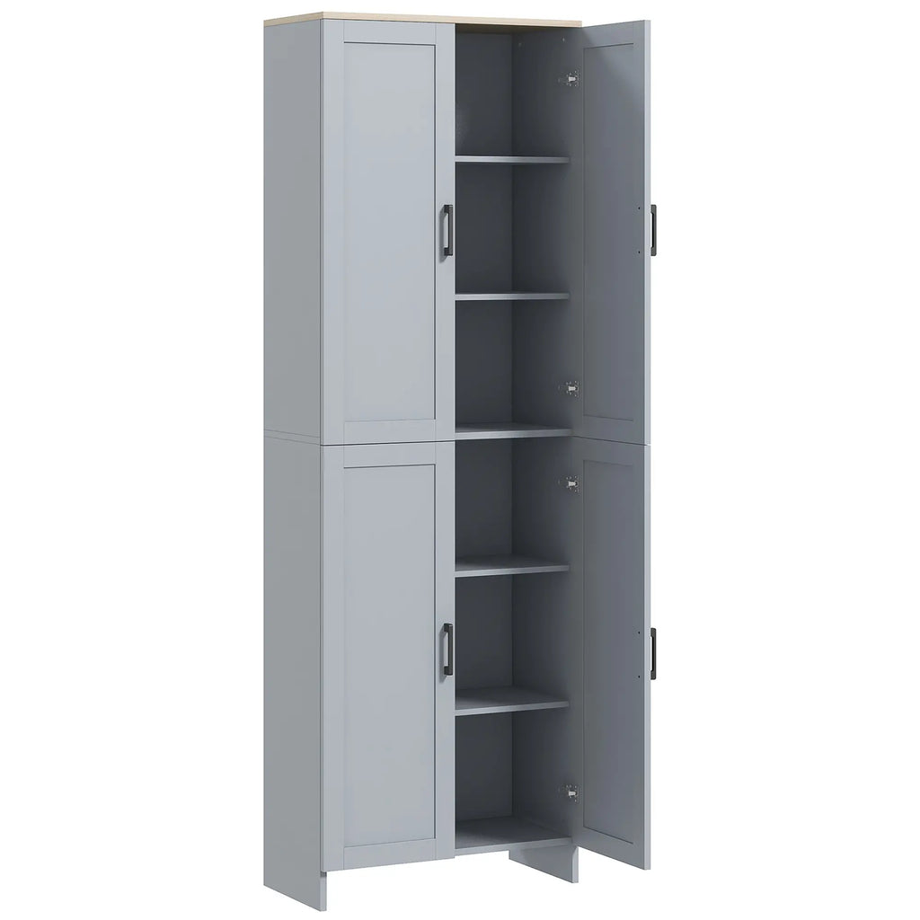 Armoire de cuisine 67" à 4 portes, meuble de rangement autoportant avec étagères réglables, gris