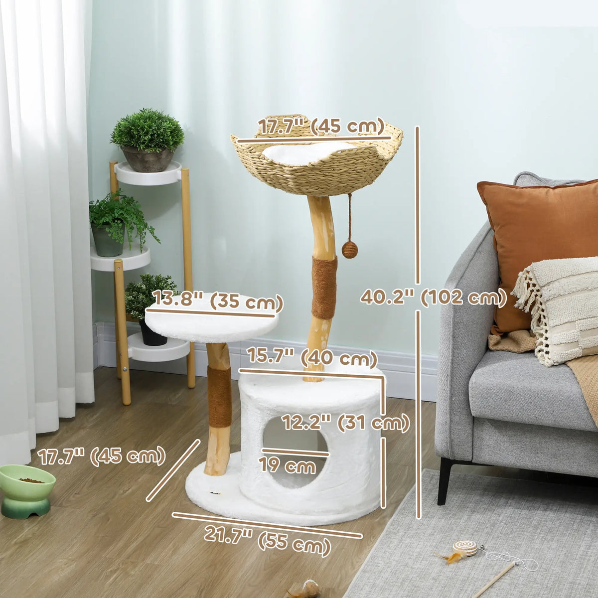 Arbre à chat 40" en bois véritable, tour pour chats adultes d'intérieur de grande taille avec poteaux à griffer, niche, perchoir et coussin lavable.