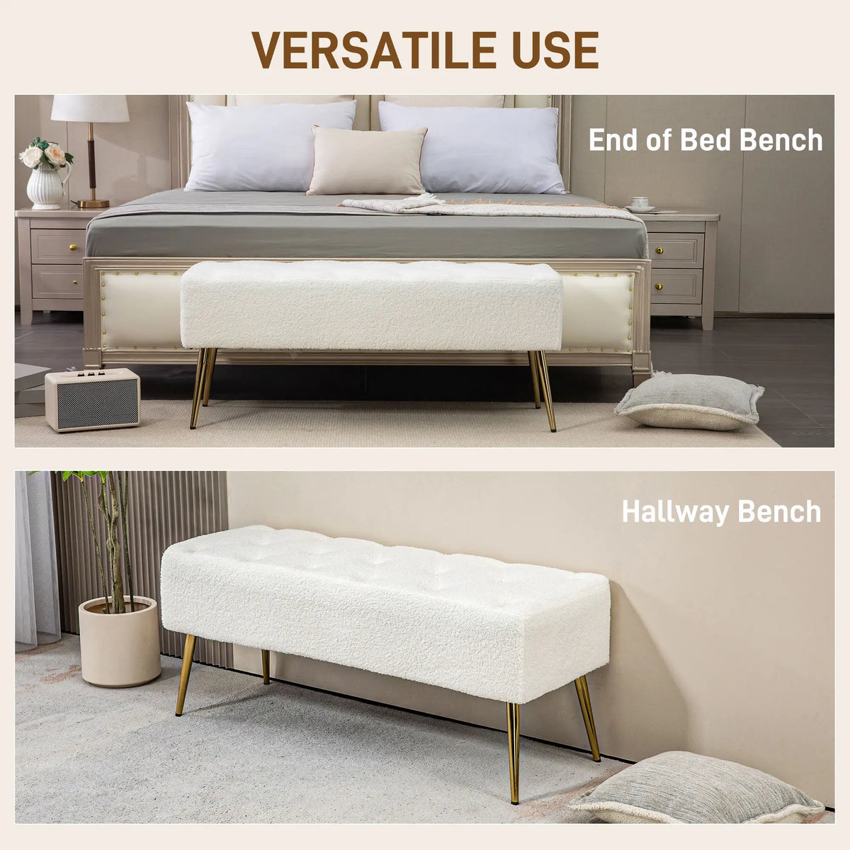Banc de chambre 44" (112 cm) en tissu aspect laine d'agneau, avec coussin épais et pieds en acier, blanc crème