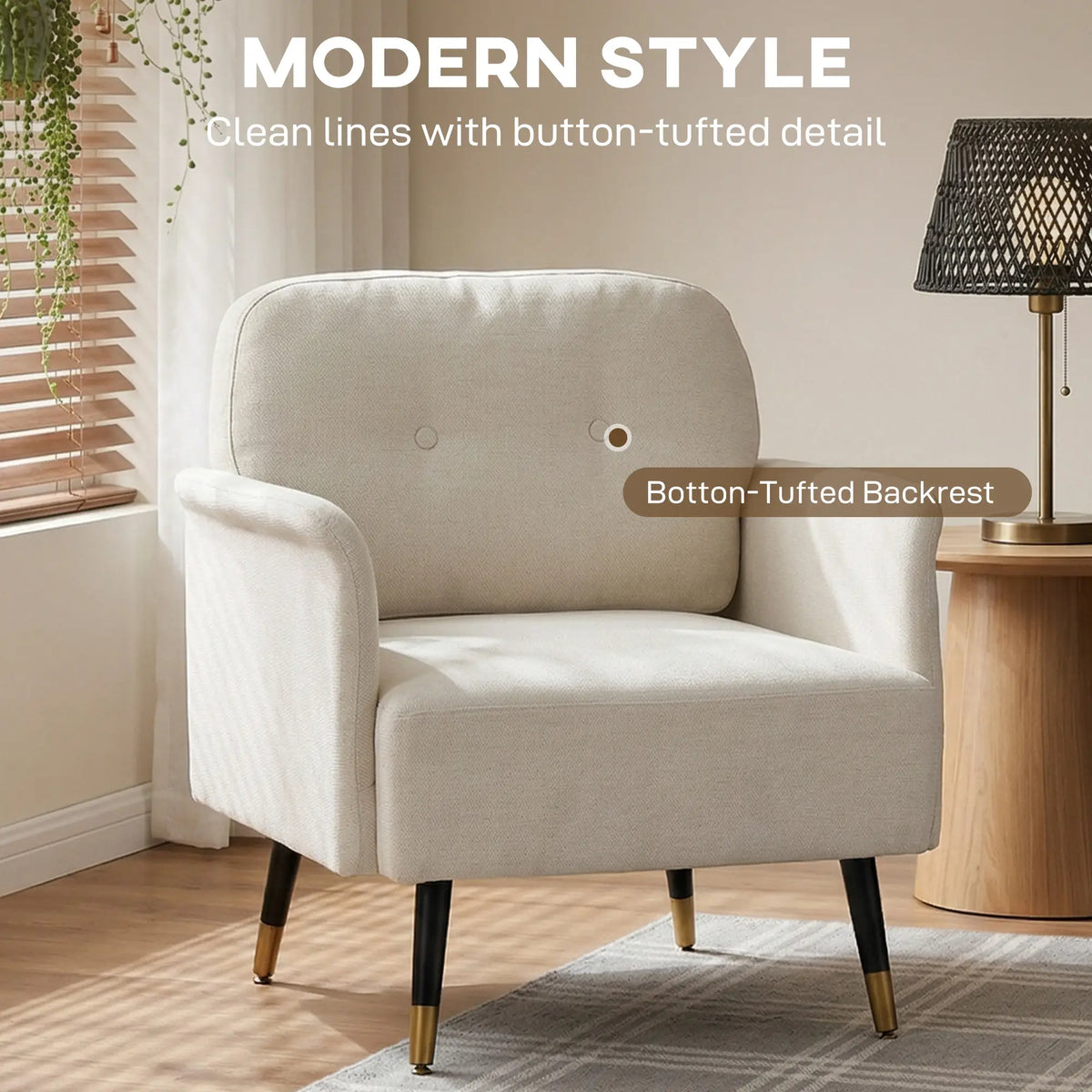 Fauteuil d'appoint moderne capitonné avec pieds en métal, fauteuil de lecture rembourré pour salon, blanc crème