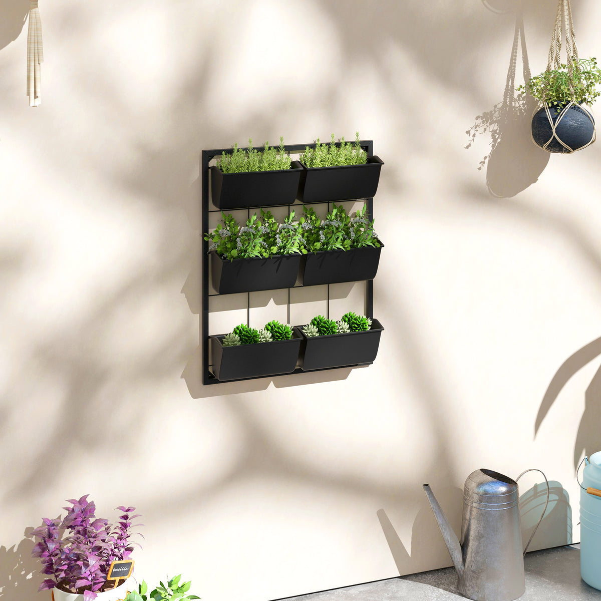 Jardinière murale à 3 niveaux avec 6 pots pour une utilisation intérieure et extérieure, support pour plantes suspendues, jardinière murale à drainage automatique
