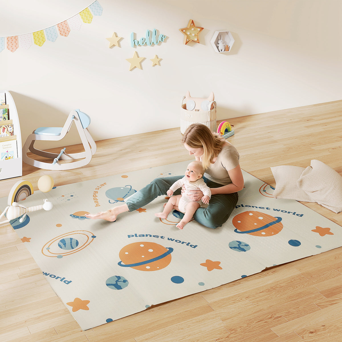 Tapis de sol pliable pour bébé, 195 x 175 cm, thème astronaute et planètes, idéal pour ramper et explorer le monde.