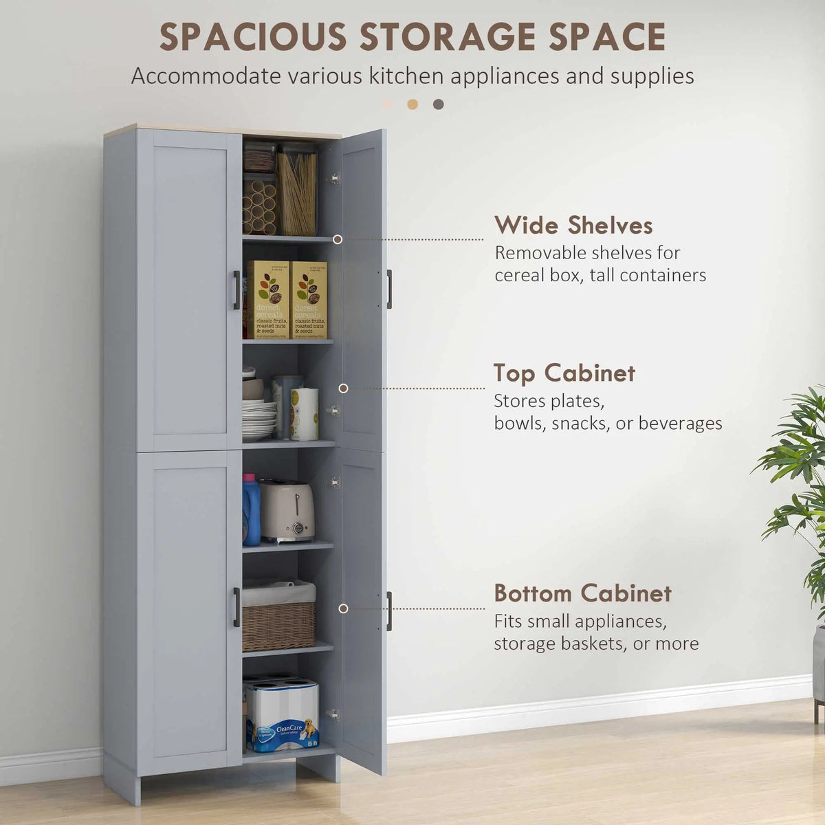 Armoire de cuisine 67" à 4 portes, meuble de rangement autoportant avec étagères réglables, gris