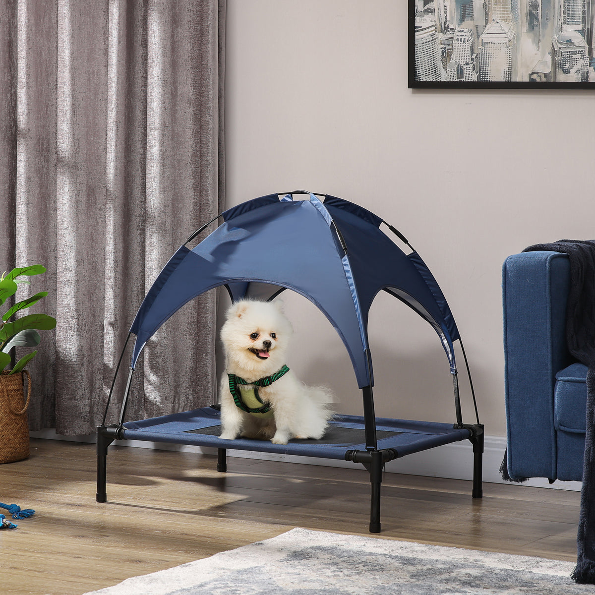 Lit surélevé rafraîchissant pour chiens de taille moyenne, avec auvent, bleu foncé