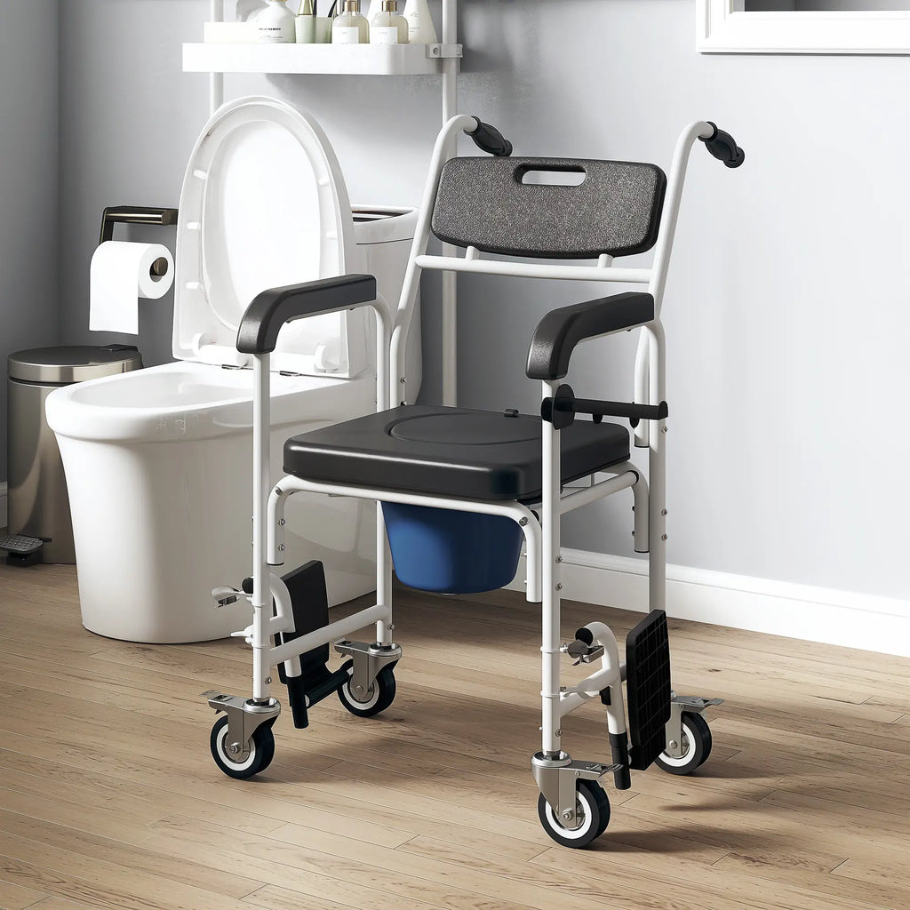Chaise de douche roulante, chaise percée de chevet à roulettes avec dossier, accoudoirs et repose-pieds rabattables pour personnes âgées et personnes handicapées, noire