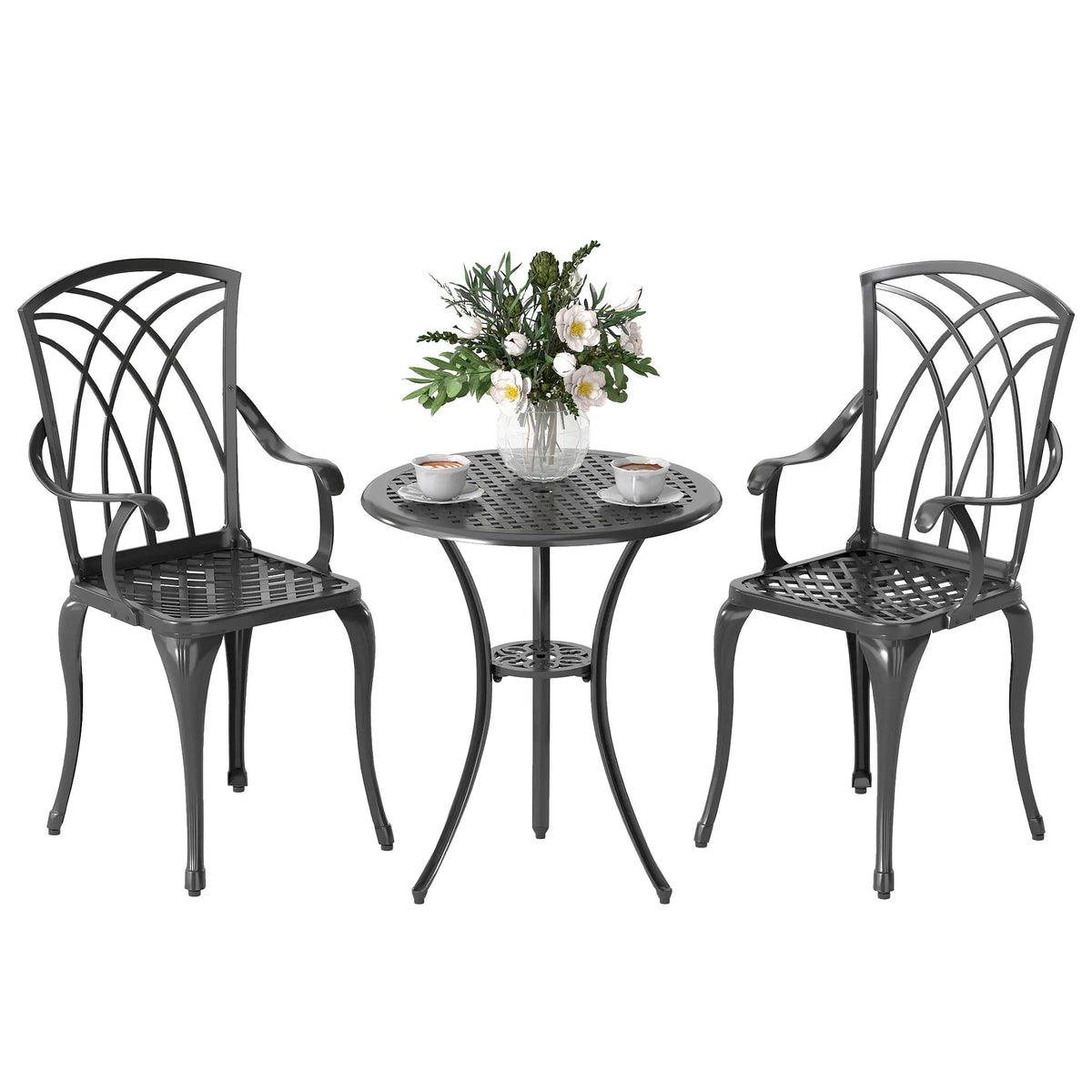 Ensemble bistro de patio 3 pièces, mobilier de conversation extérieur en aluminium moulé, table basse avec trou pour parasol, 2 fauteuils, marron