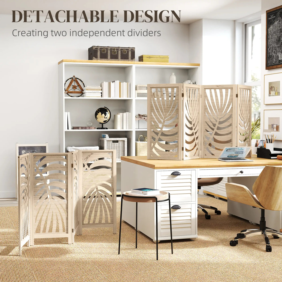 Paravent à 4 panneaux, écrans de confidentialité pliables et détachables avec motif de feuilles de palmier pour bureau à domicile, finition bois naturel